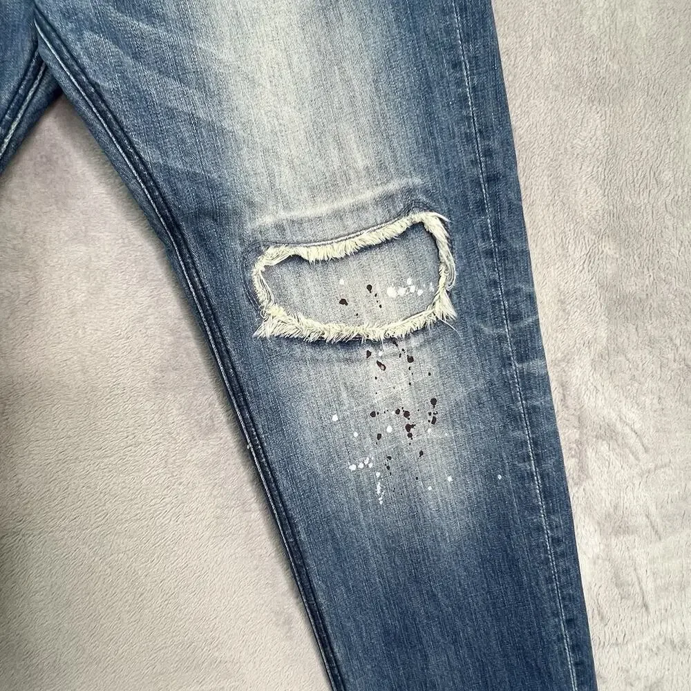 AKOO Jeans Mens 40/34 Blue Paint Splatter Distressed No Rivals Patch Big Oak Fit